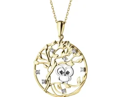 Zawieszka z żółtego złota z diamentami - drzewko, sowa - 0,05 ct - próba 585