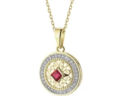 Zawieszka z żółtego złota z diamentami i rubinem - rozeta - próba 585