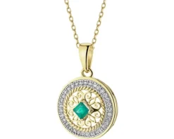 Zawieszka z żółtego złota z diamentami i szmaragdem - rozeta - próba 585