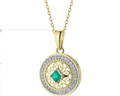 Zawieszka z żółtego złota z diamentami i szmaragdem - rozeta - próba 585
