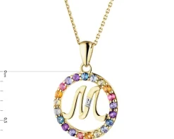 Zawieszka z żółtego złota z diamentem, kamieniami szlachetnymi i ozdobnymi - litera M - próba 375
