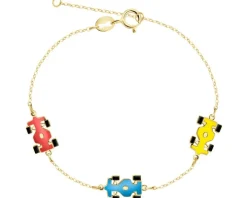 Złota bransoletka z emalią, ankier - samochody wyścigowe