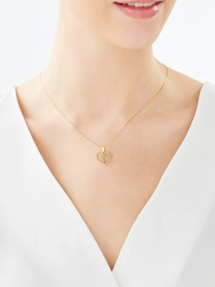Złota zawieszka - serce, krzyż