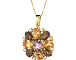 Złota zawieszka z ametystem, cytrynami, kwarcami dymnymi i cyrkoniami - kwiat