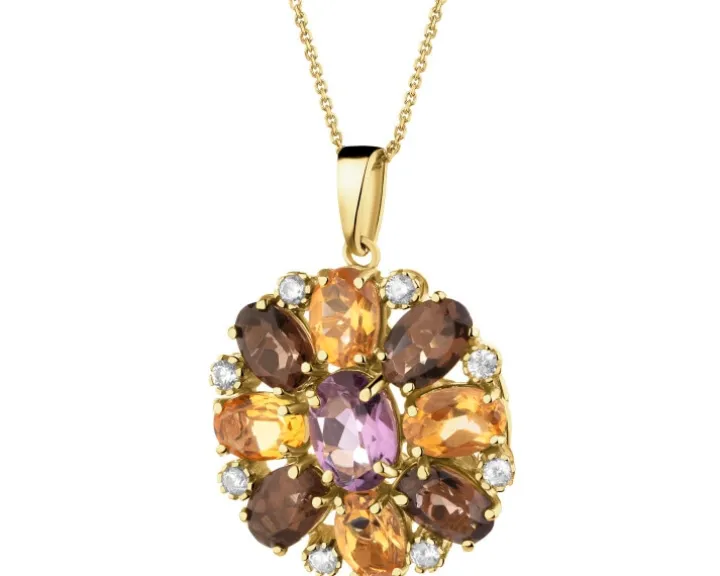 Złota zawieszka z ametystem, cytrynami, kwarcami dymnymi i cyrkoniami - kwiat