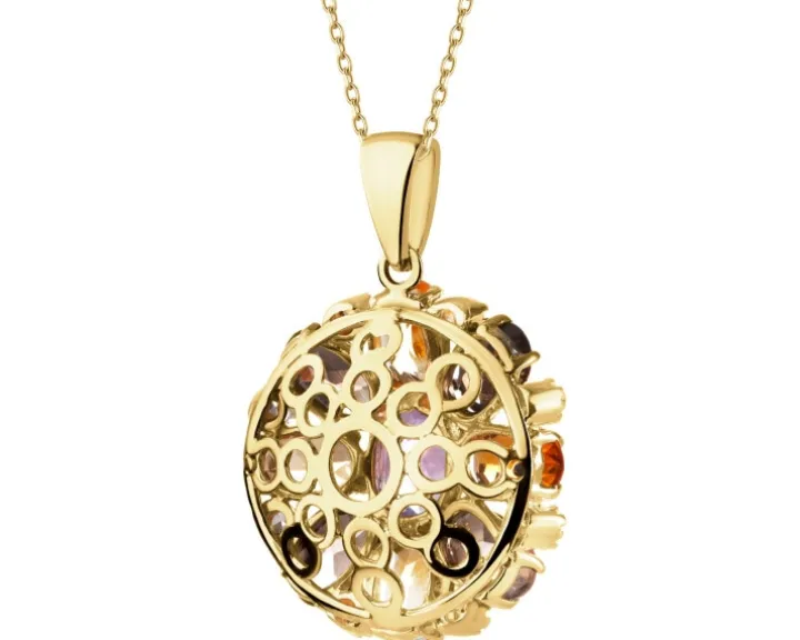 Złota zawieszka z ametystem, cytrynami, kwarcami dymnymi i cyrkoniami - kwiat