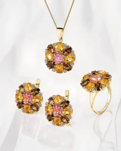 Złota zawieszka z ametystem, cytrynami, kwarcami dymnymi i cyrkoniami - kwiat