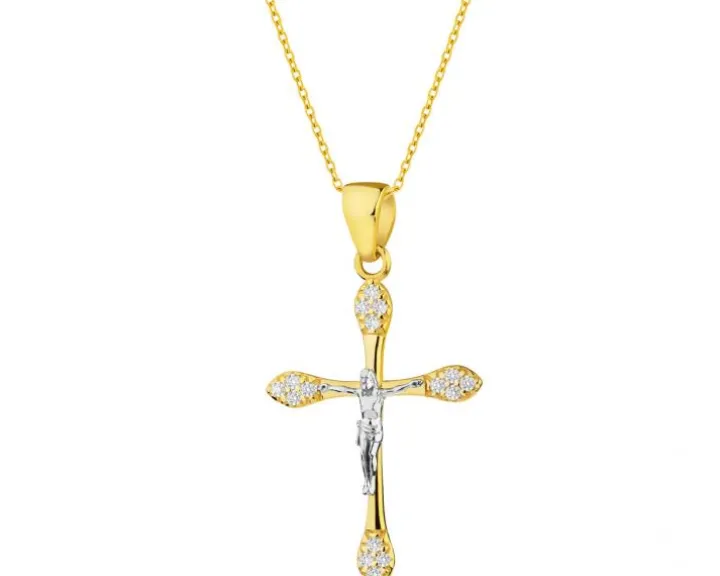 Złota zawieszka z cyrkoniami - krzyż z wizerunkiem Chrystusa