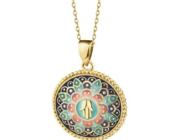 Złota zawieszka z emalią - rozeta, ręka Fatimy