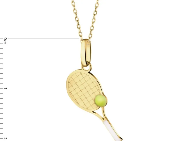 Złota zawieszka z emalią - rakieta tenisowa z piłką
