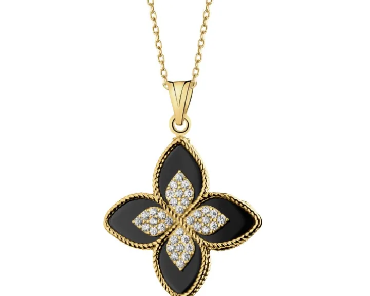 Złota zawieszka z onyksami syntetycznymi i cyrkoniami