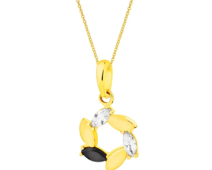 Złota zawieszka z onyksem syntetycznym i cyrkoniami