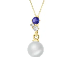 Złota zawieszka z perłą, szafirem syntetycznym i cyrkoniami