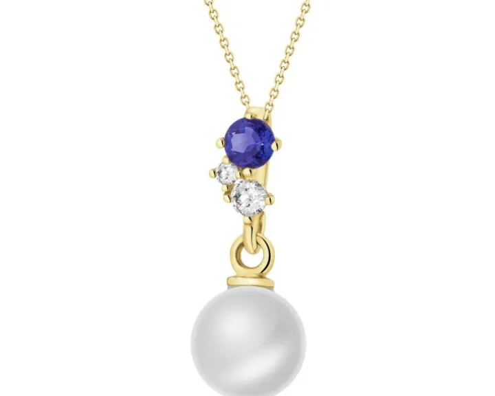 Złota zawieszka z perłą, szafirem syntetycznym i cyrkoniami