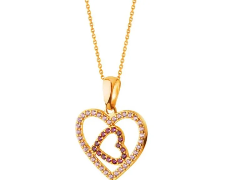 Złota zawieszka z rubinami syntetycznymi i cyrkoniami - serca