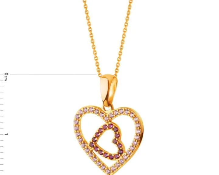 Złota zawieszka z rubinami syntetycznymi i cyrkoniami - serca