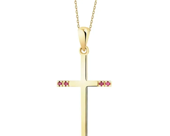 Złota zawieszka z rubinami syntetycznymi - krzyż