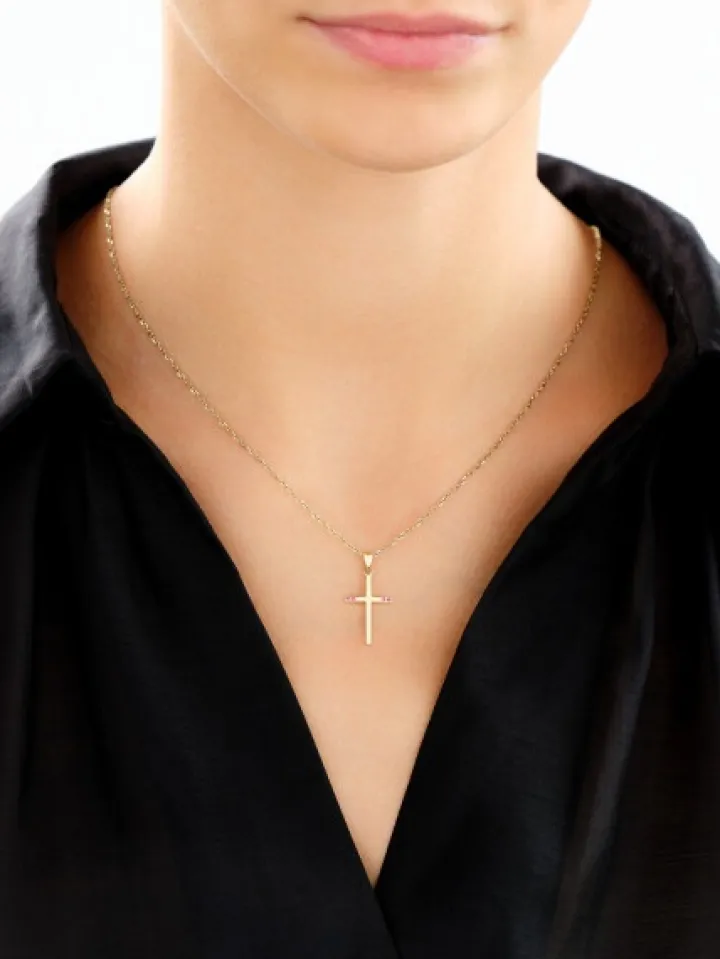 Złota zawieszka z rubinami syntetycznymi - krzyż