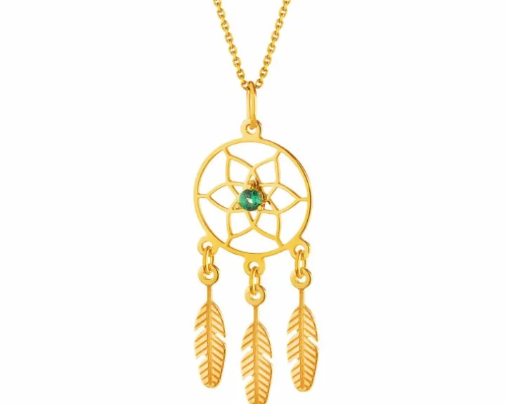 Złota zawieszka ze szmaragdem syntetycznym - łapacz snów