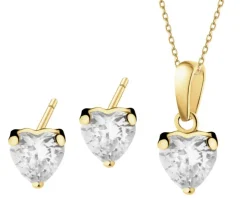 Złote kolczyki i zawieszka z cyrkonią - komplet - serca