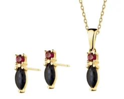 Złote kolczyki i zawieszka z szafirami i rubinami syntetycznymi - komplet