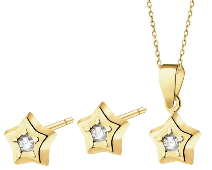 Złote kolczyki i zawieszka z cyrkoniami - komplet - gwiazdy