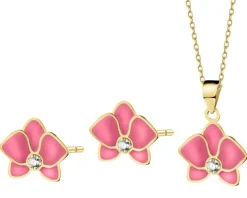 Złote kolczyki i zawieszka z cyrkoniami i emalią - komplet - kwiaty