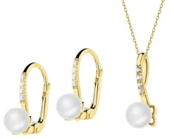 Złote kolczyki i zawieszka z perłami i cyrkoniami - komplet