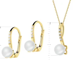 Złote kolczyki i zawieszka z perłami i cyrkoniami - komplet