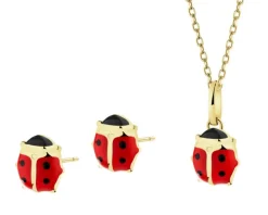 Złote kolczyki i zawieszka z emalią - komplet - biedronki