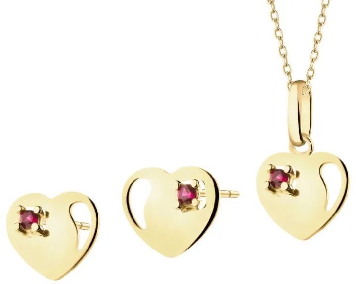 Złote kolczyki i zawieszka z cyrkoniami - komplet - serca