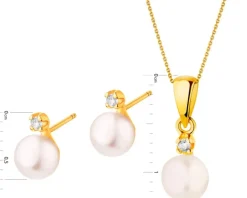 Złote kolczyki i zawieszka z perłami, cyrkoniami, łańcuszek ankier - komplet