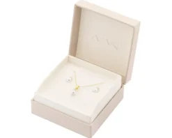 Złote kolczyki i zawieszka z perłami, cyrkoniami, łańcuszek ankier - komplet