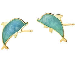 Złote kolczyki z emalią - delfiny