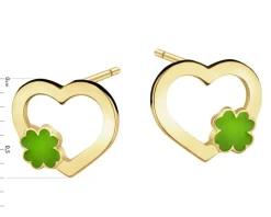 Złote kolczyki z emalią - serca, koniczyny