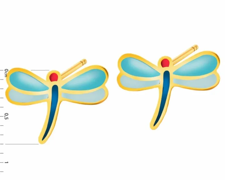 Złote kolczyki z emalią - ważki