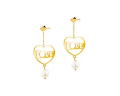Złote kolczyki z perłami - serca, love