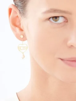 Złote kolczyki z perłami - serca, love