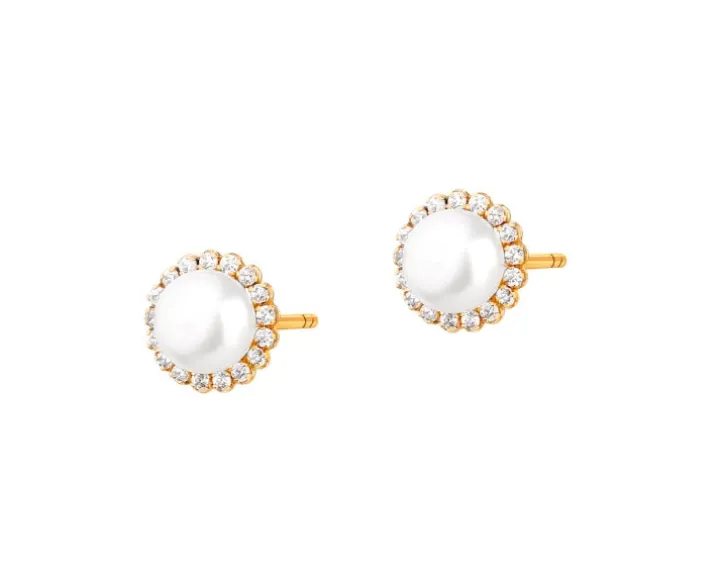 Złote kolczyki z perłami i cyrkoniami