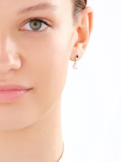 Złote kolczyki z perłami, szafirami syntetycznymi i cyrkoniami