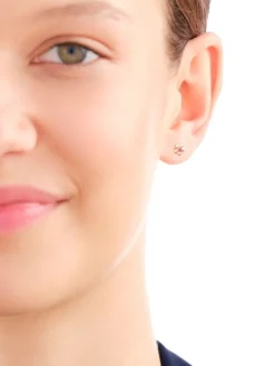 Złote kolczyki z rubinami syntetycznymi - kwiaty