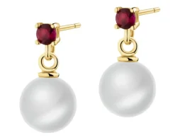 Złote kolczyki z rubinami syntetycznymi i perłami