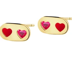 Złote kolczyki z rubinami syntetycznymi i emalią - serca