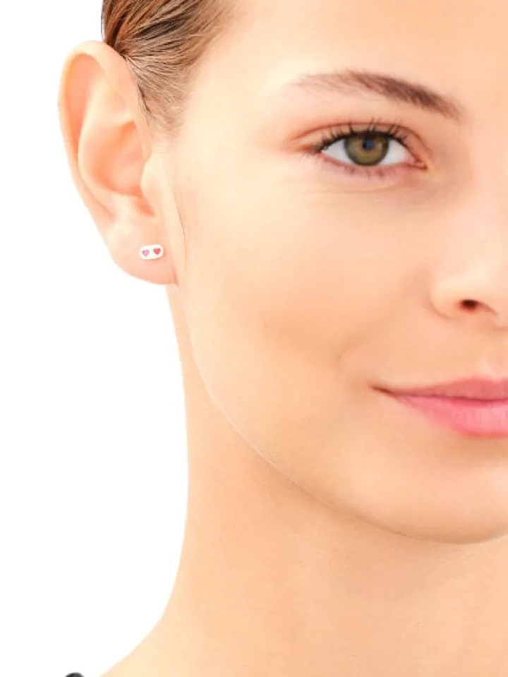 Złote kolczyki z rubinami syntetycznymi i emalią - serca