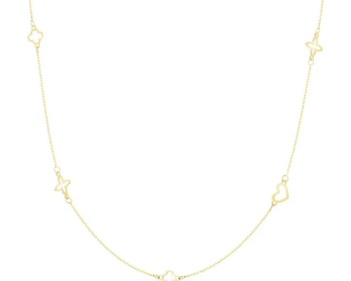 Złoty naszyjnik, ankier - koniczyny, serce, kwiaty