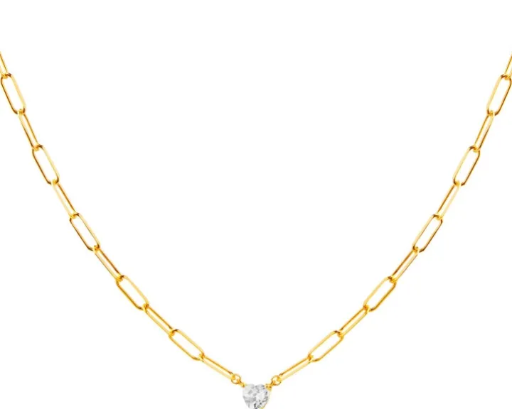 Złoty naszyjnik z cyrkonią, paper clip - serce