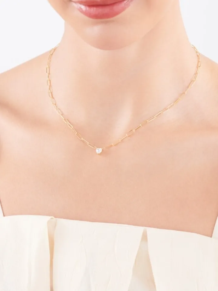 Złoty naszyjnik z cyrkonią, paper clip - serce