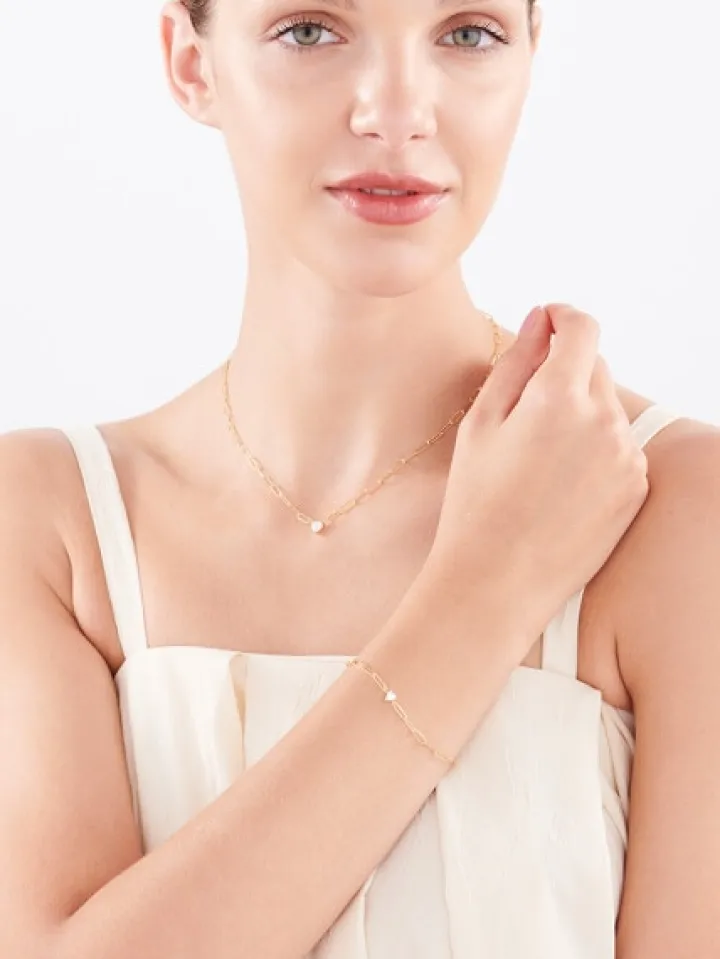 Złoty naszyjnik z cyrkonią, paper clip - serce