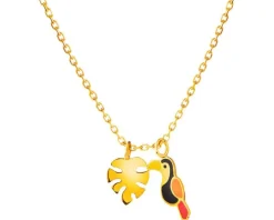 Złoty naszyjnik z emalią, ankier - monstera, tukan