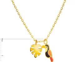 Złoty naszyjnik z emalią, ankier - monstera, tukan